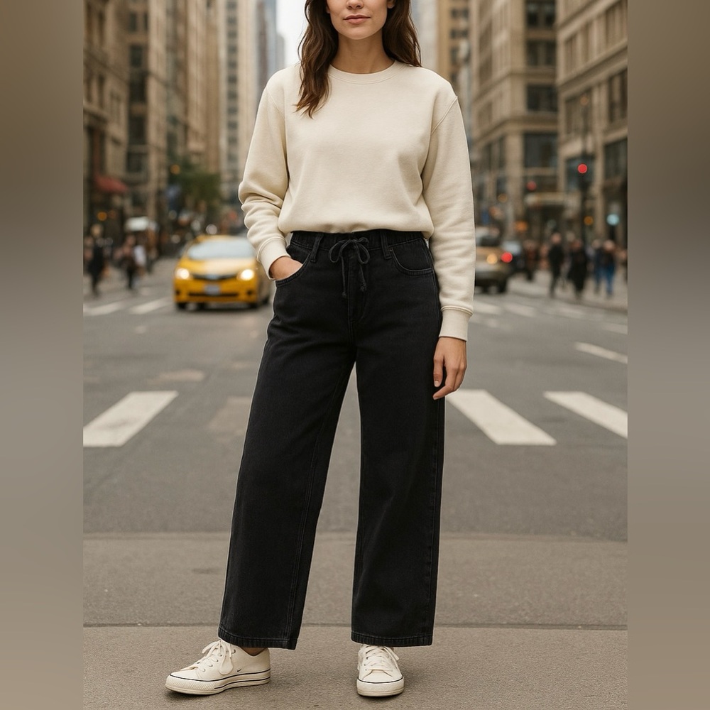 Marine Layer Black Denim Drawstring Wide Leg Pants Women’s Casual Soft Jeans: XS